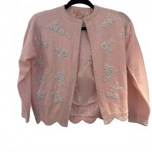CASHMERE Blush Pink Beaded lined Cardigan VTG Spanish Main 50s  SZ M Ballerina
